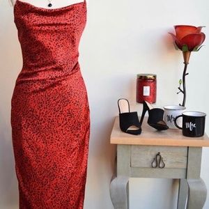 Red Satin Midi Cheetah Dress